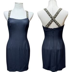 Jessica McClintock Gunne Sax Jeweled Mini Dress Black Gold Rhinestone 7/8